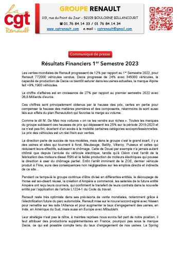 230727 CP CGT Resultats financiers renault S1 2023